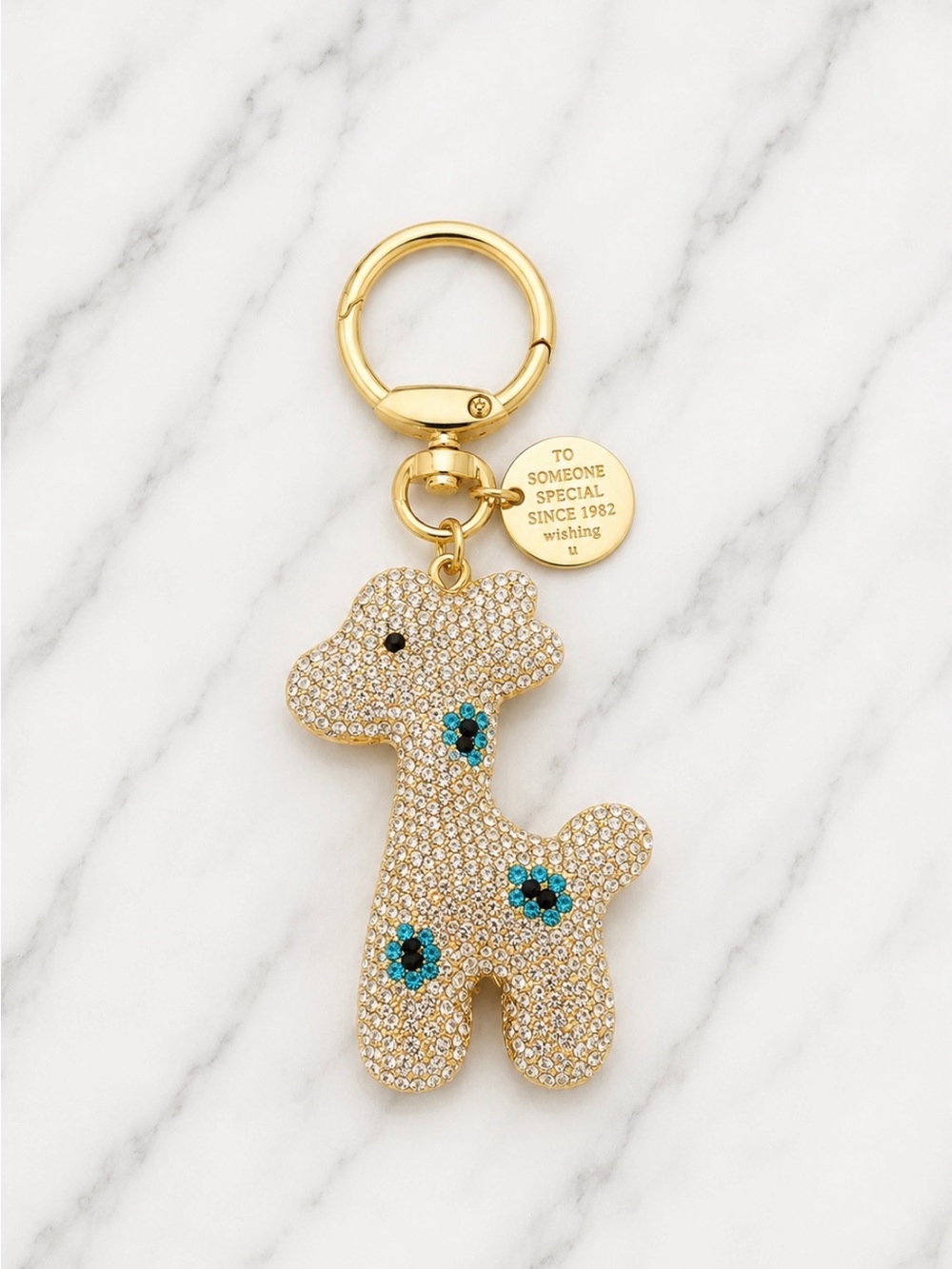 Bag Charm/Keyring-Champagne Color Rhinestone Giraffe charm-Teal Accents-